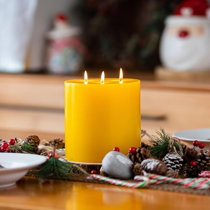 MOZEAL Extra Large 3 Wick Yellow Pillar Candle, 6" x 6", Unscented, Dripless, Smokeless, and Clean-Burning. Approx. 120 Hours of Burn Time. Perfect for Weddings, Dinners, Christmas and Home Decor