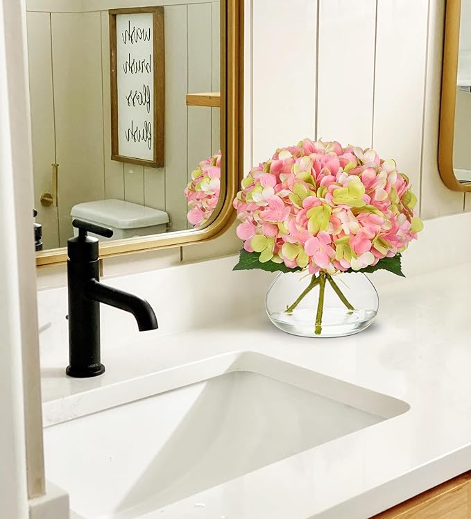 Hollyone Hydrangea Artificial Flowers with Glass Vase Pink-Green Silk Faux Flowers Arrangements in Vase with Faux Water Fake Floral Bulk Bouquet for Home Decor Table Centerpiece Decorations