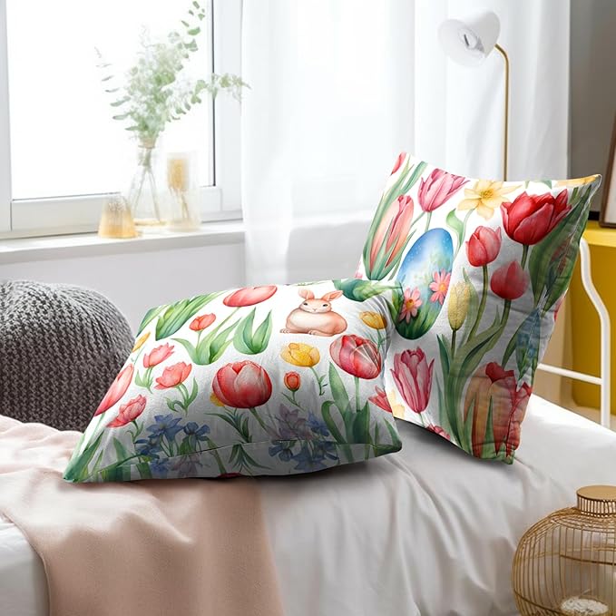 Easter Day Throw Pillow Covers - Sping Bunny Pillow Covers 16x16 Inch Set of 2 Floral Rabbit Pillowcase Colored Tulip Flower Cushion Cover for Couch Sofa Garden Patio