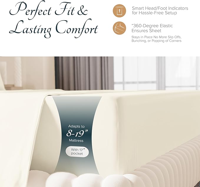 Carressa Linen 100% Egyptian Cotton Sheets Queen Size Bed Set - Luxury 1500 High Thread Count Egyptian Cotton Queen Sheet Set (4 PC, Ivory), 17" Deep Pocket, Silky Soft, Cooling, Sateen Weave Bedding