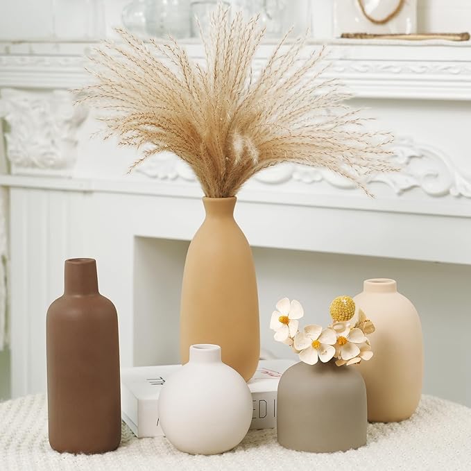 CUCUMI Ceramic Vase Set of 5, Vases Home Decor Rustic Farmhouse Decorative Vase Pottery Vases for Bouquet Pampas Grass Dried Fresh Flowers, Table Living Room Kitchen Bedroom Bathroom