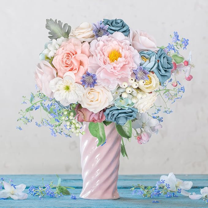AmyHomie Blue Pink Artificial Flowers Combo Silk Mix Peony Rose Hydrangea Daisy Fake Flowers w/Stem for DIY Wedding Bouquets Centerpieces Arrangements Table Decor Party Bridal Baby Shower Home Decor