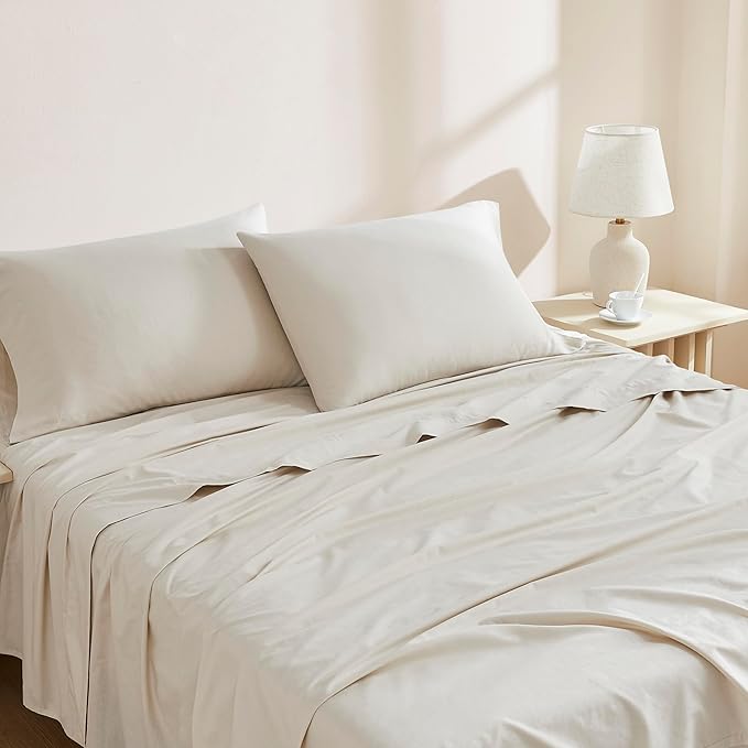 Linen Closet Organic 100% Cotton Queen Sheet 4 Pcs Set, 18” Deep Pocket, Beige | Lightweight, Eco-Friendly Cotton, Percale Softness, Durable & Breathable, Naturally Cooling | All Season Comfort