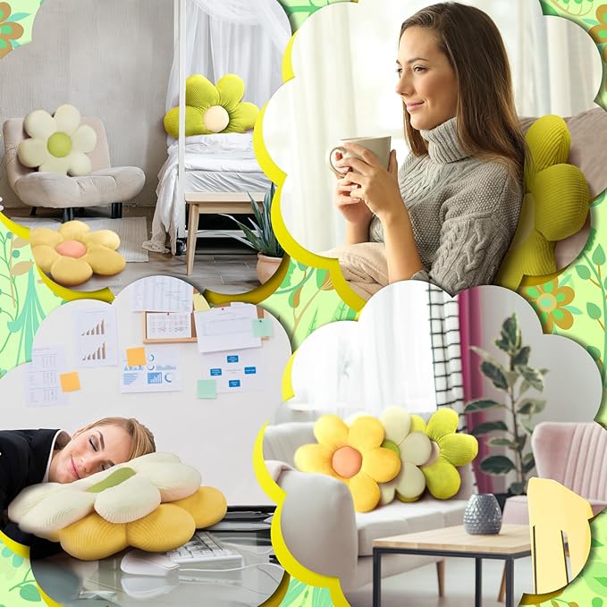 Sratte 3 Pcs Flower Pillows Flower Shaped Throw Pillow Cute Daisy Pillow Seating Cushions for Adults Home Bedroom Sofa Chair Couch Decor(Green, Yellow, White,16")