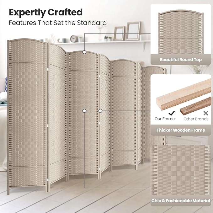 8 Panel Room Divider,6Ft Folding Privacy Screen,Tall - Extra Wide Foldable Panel Partition Wall Divider with Diamond Double-Weaved Hand-Woven Design Room Screen Divider