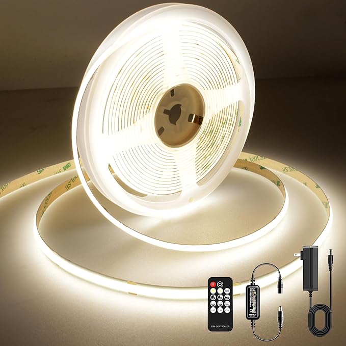 COB LED Strip Light with Remote, Dimmable 16.4FT/5M Flexible High Density LED Light,4000K Natural White 2400LEDs Super Bright LED Light Strip CRI 90+ for Bedroom,Kitchen,DIY Home Decoration