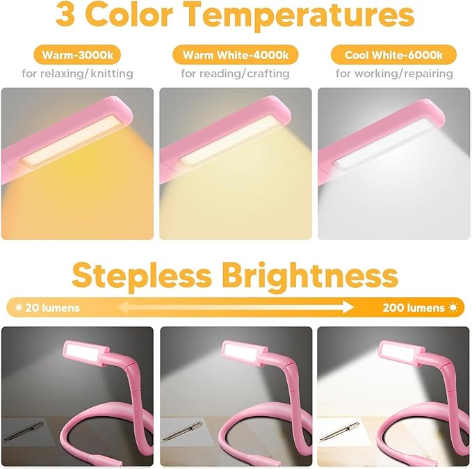 Pink Neck Light with Storage Case, 10-80Hrs Eye-friendly Book Reading Lamp, Knitting Crochet Sewing Craft Light Rechargeable Adjustable, Christmas Birthday Gifts for Book Lovers Knitters Crafters