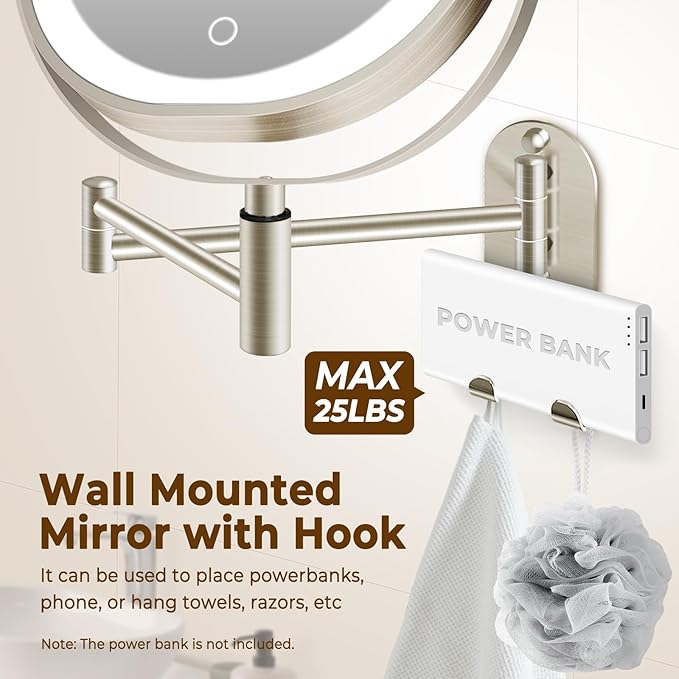9" Wall Mounted Lighted Makeup Mirror, 3000mAh Rechargeable Double Sided 1X/10X Magnifying Mirror with Hook, 3 Color Lights Dimmable 360° Rotation Vanity Mirror for Bathroom