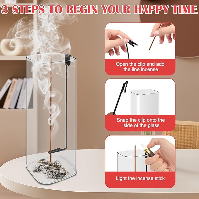 Incense Holder for Sticks, Clean-Burning Design, Top-Down Burning Extends More Time, Incense Stick Holder with Metal Clip, Removable Ash-Catcher Glass, Install-Free, for Yoga, Home Decor