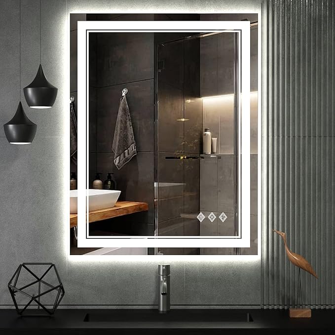 LED Bathroom Mirror, 24x32 Inch Gradient Front and Backlit LED Mirror for Bathroom, 3 Colors Dimmable CRI>90 Double Lights, IP54 Enhanced Anti-Fog, Hanging Plates Vanity Mirror with Lights