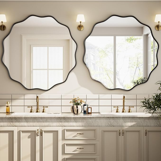 Round Wavy Mirror - 30 Inch Bathroom Vanity Mirror Metal Frame Circle Wall Mounted Mirror for Bedroom Living Room Entryway, Black