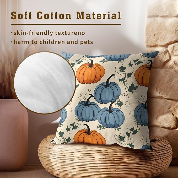 Fall Pumpkin Throw Pillow Covers - Orange Blue Pumpkins Pillow Covers 16x16 Set of 2 Autumn Harvest Pillowcase Thanksgiving Farmhouse Cushion Case for Sofa Couch Outdoor Porch