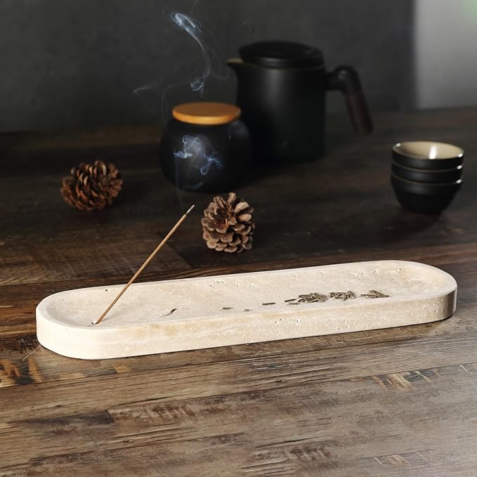 Koville Travertine Incense Holder, Incense Holder for Sticks, Long Incense Sticks Holder Ash Catcher for Meditation Yoga SPA, Natural Stone Incense Burner, Home Table Decor(Beige)