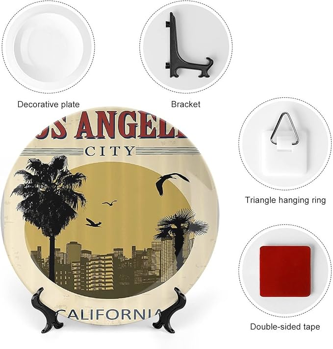 XISUNYA 6 Inch Decorative Plate, Vintage Tableware Plate, Los Angeles City from California Birds Vacation Journey Design Print Ceramic Wall Hanging for Home Office Party Dinner Table Decor