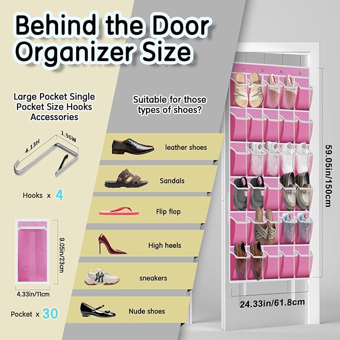Over the Door Shoe Organizer with 30 Breathable Mesh Pockets - Large Capacity Closet Storage for Men & Women, Hanging Shoe Rack Organizer -Pink