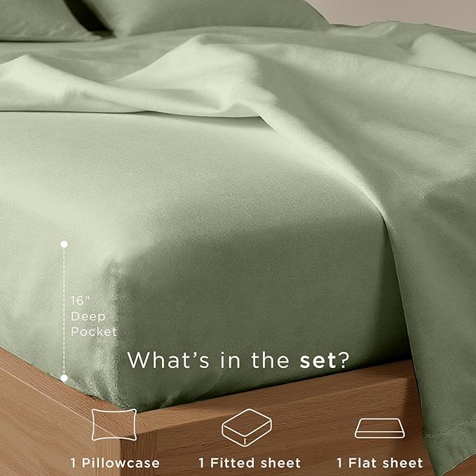 Threadmill Cotton Twin Sheet Set | 100% Cotton Sheets for Twin Size Bed | Solid Sateen Twin Bed Sheets Set with 16” Deep Pocket | Soft Breathable 3-Piece Cooling Sheet Set | Sage Green
