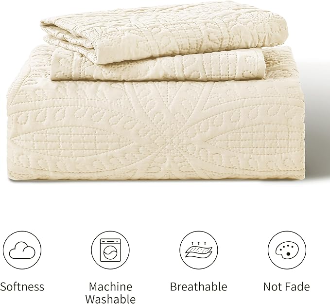 Love's cabin Quilts for Full Bed Beige Bedspread Comforters Bedding Set - Summer Lightweight Bedspread Comforter - Coin Pattern Bedding Coverlet for All Season - 3 Pieces (1 Quilt, 2 Pillow Shams)