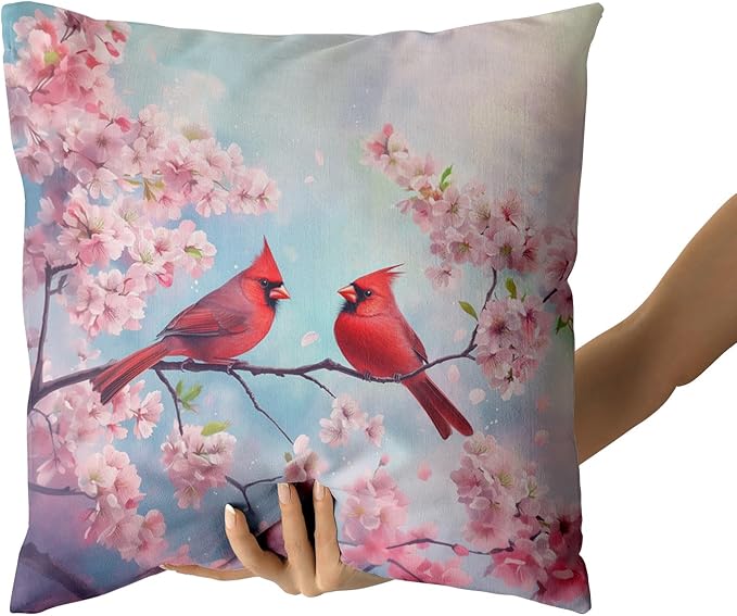 Giwawa Spring Birds Pillow Covers Set of 2, Cherry Blossom Floral Cushion Covers 20x20in, Watercolor Flowers Soft Cotton Throw Pillow Cases for Sofa Couch Patio Bedding Seasonal Decoration
