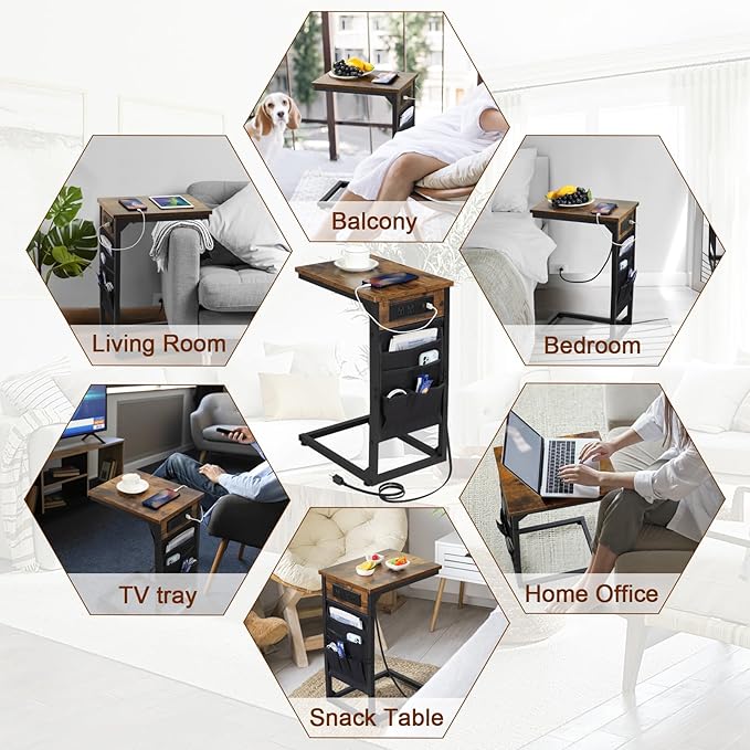 AMHANCIBLE C Shaped End Table with Charging Station, TV Tray Set of 2, Couch Tables with Storage Bag, Slide Under Sofa Side Table with USB Ports and Outlets for Living Room, Rustic Brown HET04CBR