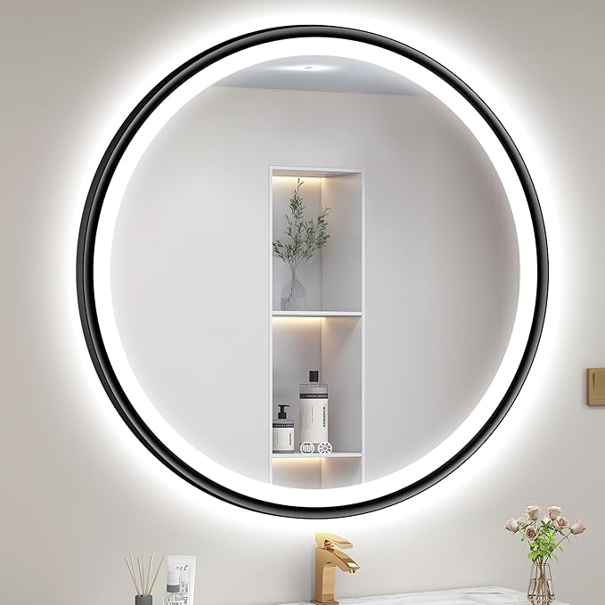 S'bagno 32'' Round Black LED Mirror for Bathroom with Frontlit & Backlit, LED Vanity Mirror with Metal Frame, Anti-Fog, Stepless Dimmable, 3 Color Temperature