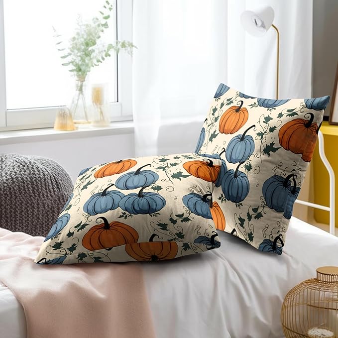 Fall Pumpkin Throw Pillow Covers - Orange Blue Pumpkins Pillow Covers 16x16 Set of 2 Autumn Harvest Pillowcase Thanksgiving Farmhouse Cushion Case for Sofa Couch Outdoor Porch