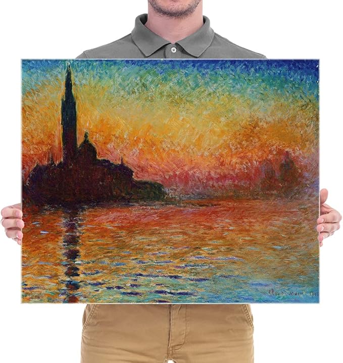 Wieco Art Dusk in Venice Canvas Prints Wall Art of Famous Oil Paintings by Claude Monet Stretched and Framed Giclee Classic Impressionist Art work Ready to Hang for Wall Decor Living Room Bedroom