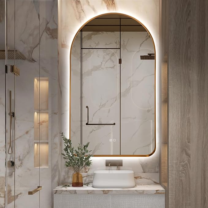 Niccy Arched LED Lighted Bathroom Mirror, 40x24 Inch Backlit Vanity Bathroom Mirror with Lights Brushed Gold Framed Wall Mounted Mirrors with 3 Color Shatterproof Arch Smart Fog Free Mirror