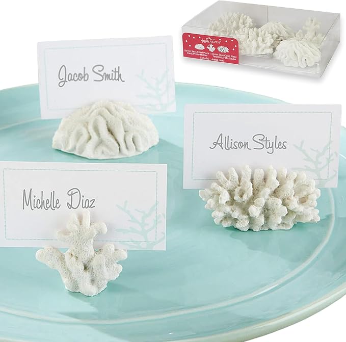 Kate Aspen Seven Seas Coral Place Card Holders - Set of 6 Coastal-Inspired Table Place Cards with Holders - Beach Wedding Decorations - Nautical Table Decor - Wedding Favors for Guests