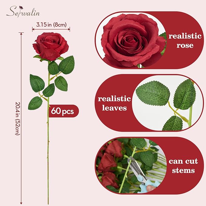 Serwalin 60 PCS Red Artificial Roses in Bulk, 3.15'' Flower Head Fake Silk Roses Realistic Roses for Bridal Bouquet Wedding Centerpieces Flower Arrangement Party Home Decor