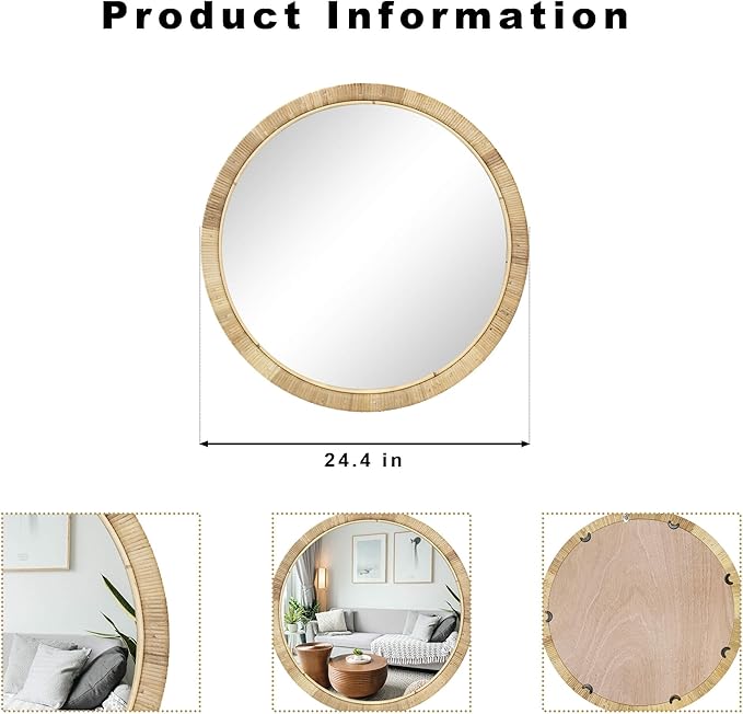 Rattan Wall Mirror, 24in Round Mirror for Wall, Natural Rattan Frame Boho Mirror for Farmhouse Bedroom Checkroom Livingroom Decor