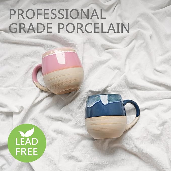 Bosmarlin Large Ceramic Coffee Mugs Set of 2, 21 Oz, Dishwasher and Microwave Safe, Big Oversized Cup with Handle for Wome/Men, Reactive Glaze (Deep Blue&Pink)