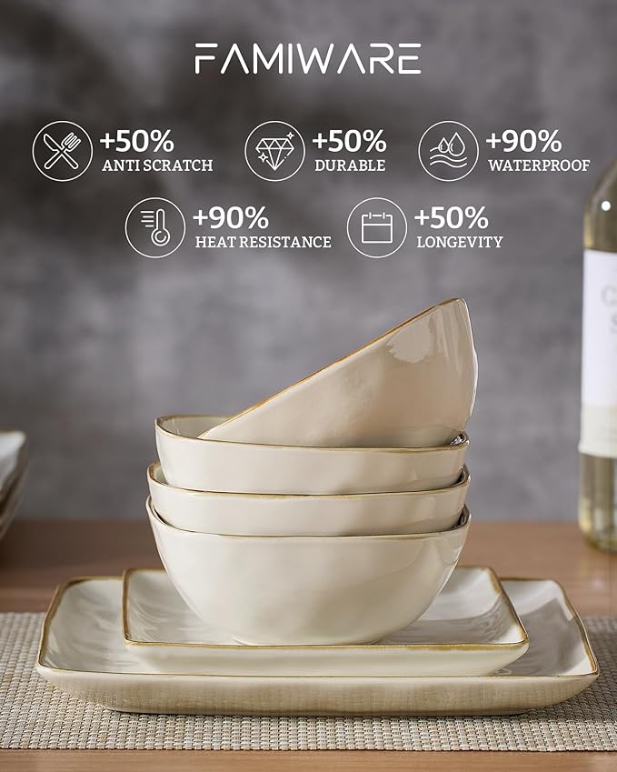 Famiware Dinnerware Sets for 8, Ocean Square 24-Piece Kitchen Plates and Bowls Sets, Microwave and Dishwasher Safe, Scratch Resistant, Vanilla White