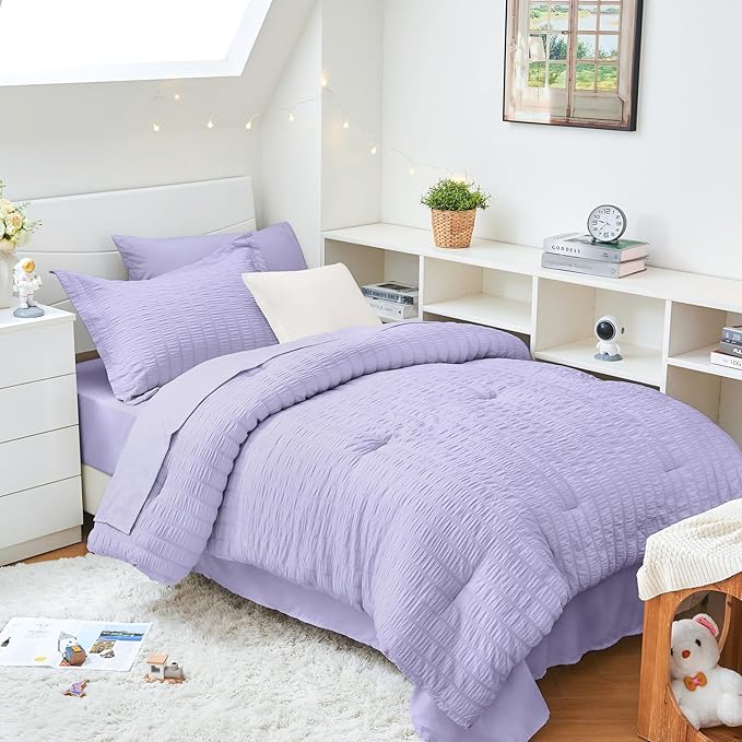 HYMOKEGE Light Purple Twin XL Comforter Set Seersucker 5 Pieces, All Season Luxury Bed in a Bag for Bedroom, Bedding Set with Comforter, Sheets, Pillowcase & Sham