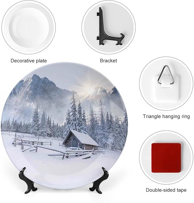 6 Inch Decorative Plate, Winter Porcelain Plate, Old Farm House by Mountain in Cold Times Rural Nature Print Ceramic Wall Hanging for Fine Dining For Upscale Events, Dinner Parties, Weddings, Catering