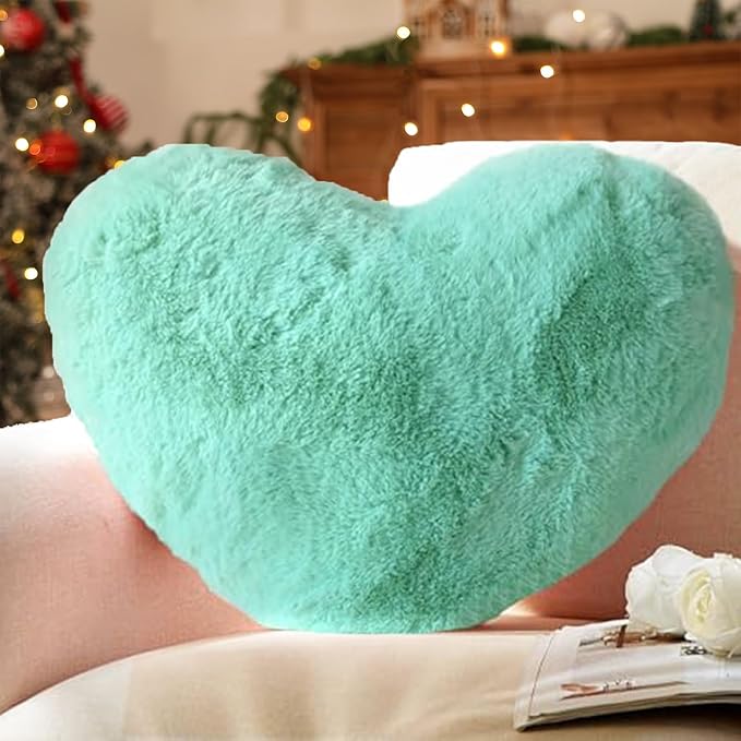 YRXRUS Heart Pillows, Love Heart Shaped Pillow, Small Cute Green Heart Pillows for Gifts, Faux Rabbit Throw Pillows for Her, Kids, Girls Home Decoration, 10X11 Inch