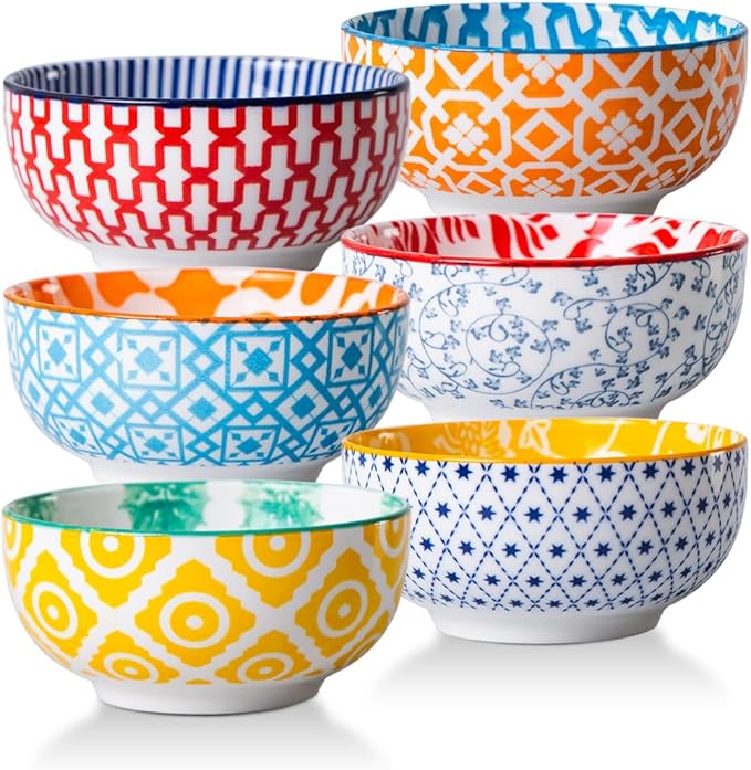 Ceramic Dipping Bowls Set - 4 Oz Small Dessert Bowl 3.5 Inch Porcelain Small Bowls for Side Dishes, Snack, Yogurt, Appetizer - Microwave Dishwasher Safe - Set of 6 - Assorted Colors