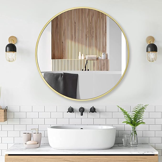 Gold Round Mirror 30 inch, Matte Gold Bathroom Mirror for Vanity, Brushed Metal Framed Circular Wall Mirror for Living Room, Hallway, Entryway