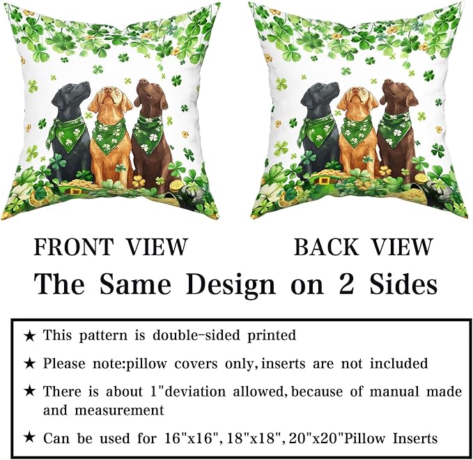 Giwawa Patrick Dogs Pillow Covers Set of 2 18x18inch Lucky Shamrocks Funny Puppy Decorative Square Pillow Cases Spring Clovers Leaf Cotton Throw Cushion Covers for Sofa Couch Patio Bedding