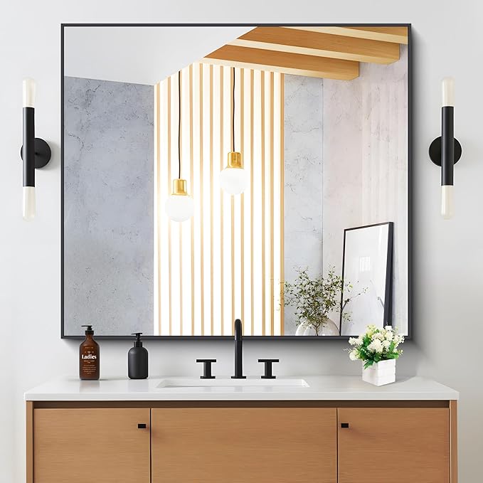 Black Bathroom Mirror for Wall, 36x40 Inch Rectangle Mirrors with Metal Frame, Modern Vanity Wall Mirror Decor for Entryway Hangs, Bathroom Living Room Horizontal or Vertical