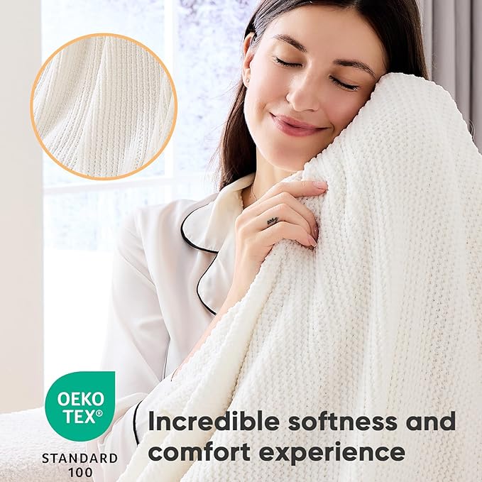 inhand Throw Blanket for Couch Bed,Chunky Chenille Woven Soft Blankets with Tassels, Cozy Boho Farmhouse Fall Winter Decor,Warm for Women,60"x80",Medium Thick-Off White