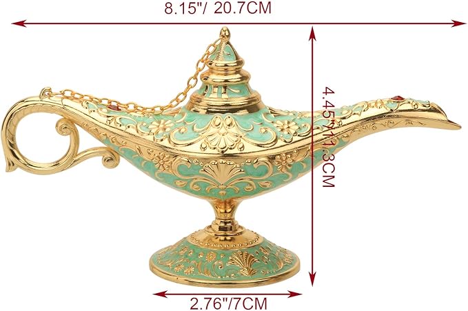 K COOL Classic Aladding Magic Genie Lamp Legend Wishing Light Costume Lamp Metal Carved Cone Incense Burner for Home Tabletop Decoration Party Birthday Halloween Christmas(Light Jade Green)