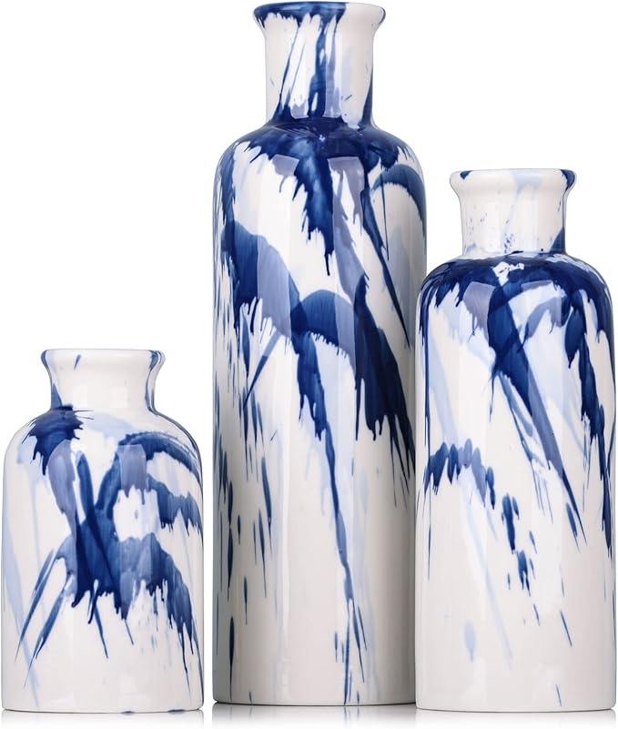 Blue Ceramic Vase Set - 3 Decorative Navy Blue and White Vase for Centerpieces, Farmhouse and Home Decor - Ideal for Living Room, Kitchen, Bedroom, Dining Table and Office Decor