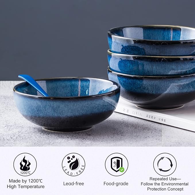 UNICASA Ceramic Cereal Bowls Set, 18 OZ Salads Bowls Set of 4, Dessert Serving Bowl for Soup, Reactive Glaze Ramen Bowls, Microwave Oven and Dishwasher Safe, Blue