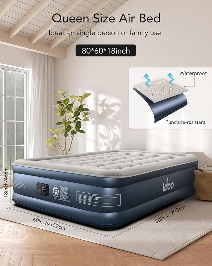 iDOO Queen Air Mattress with Built in Pump, 18 Raised Comfort Inflatable Blow up Mattress, Upgraded Four Chamber Portable Air Bed for Camping, Guests and Home, Colchon Inflable, 650 lbs Max