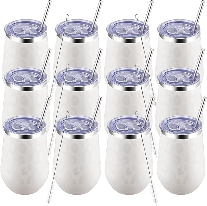 MEWAY 12oz Insulated Wine Tumbler Bulk, Double Wall Vacuum Stainless Steel Travel Tumbler with Straw,12 pack of wine tumbler(Almond Leopard,Set of 12)