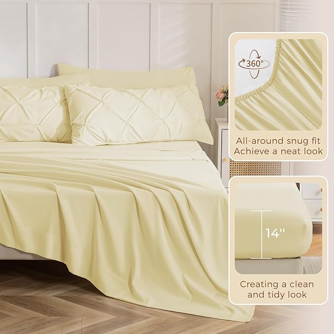 Sasttie King Size Comforter Set, 7-Piece Bed in a Bag, Pintuck Bedding Set for All Season, Includes Comforter, Flat Sheet, Fitted Sheet, Pillowcases and Pillowshams, Pale Yellow