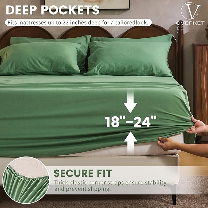 100% Linen Sheet Set Cal King Size Extra Deep Pocket Fits 18-24 Inch Mattress, Breathable & Soft, Smooth 6-Piece Set for Thick Mattresses Hotel Luxury Bedding（Cal King, Sage Green）
