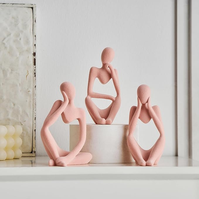 FJS Thinker Statue Shelf Decor - Velvet Collectible Figurines Living Room Decor, Modern Sculptures Home Decorations for Bookshelf Coffee Table Office (Pink Velvet)