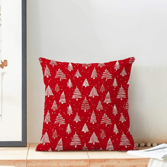 Christmas Pillow Covers 18 x 18 Inch, Red Cream Christmas Tree Decor Throw Pillows for Home Couch Bed, Winter Xmas Snowflake Holiday Decorative Pillowcase Linen Cushion Cover Set of 2