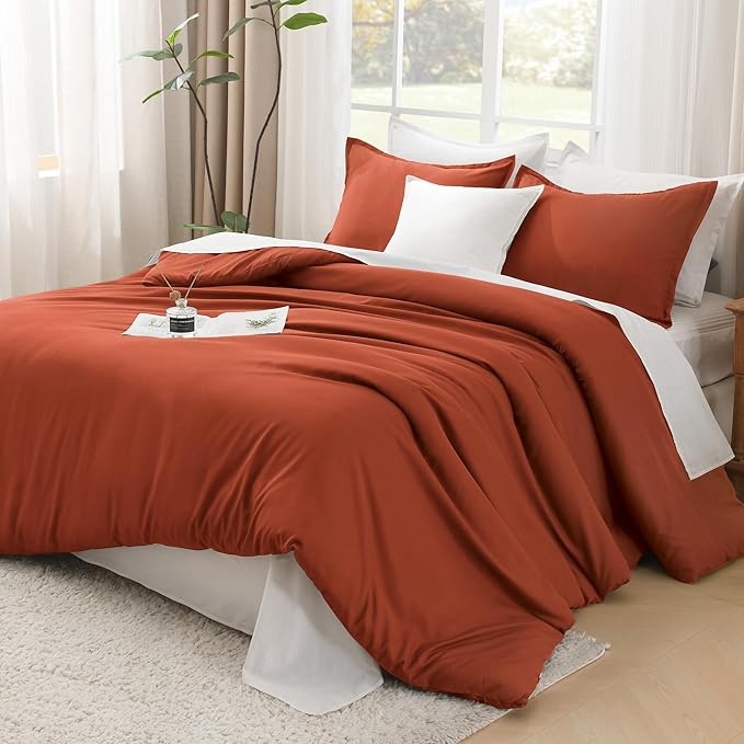 Litanika Comforters Burnt Orange Oversized Queen Size, 3 Pieces Lightweight Solid Bedding Comforter Set, All Season Fluffy Bed Set (98x98In Comforter & 2 Pillowcases)